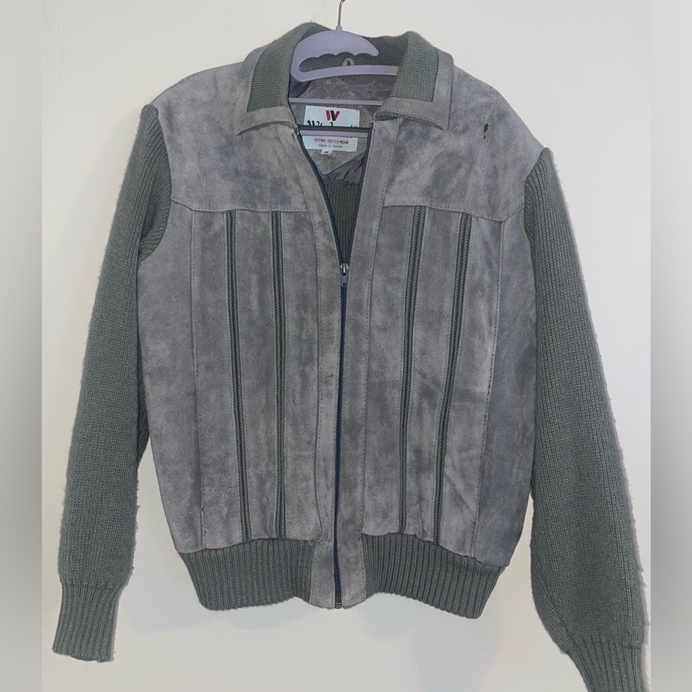 Vintage Windcrest Jacket Men Suede Leather Knitted Sweater Jacket